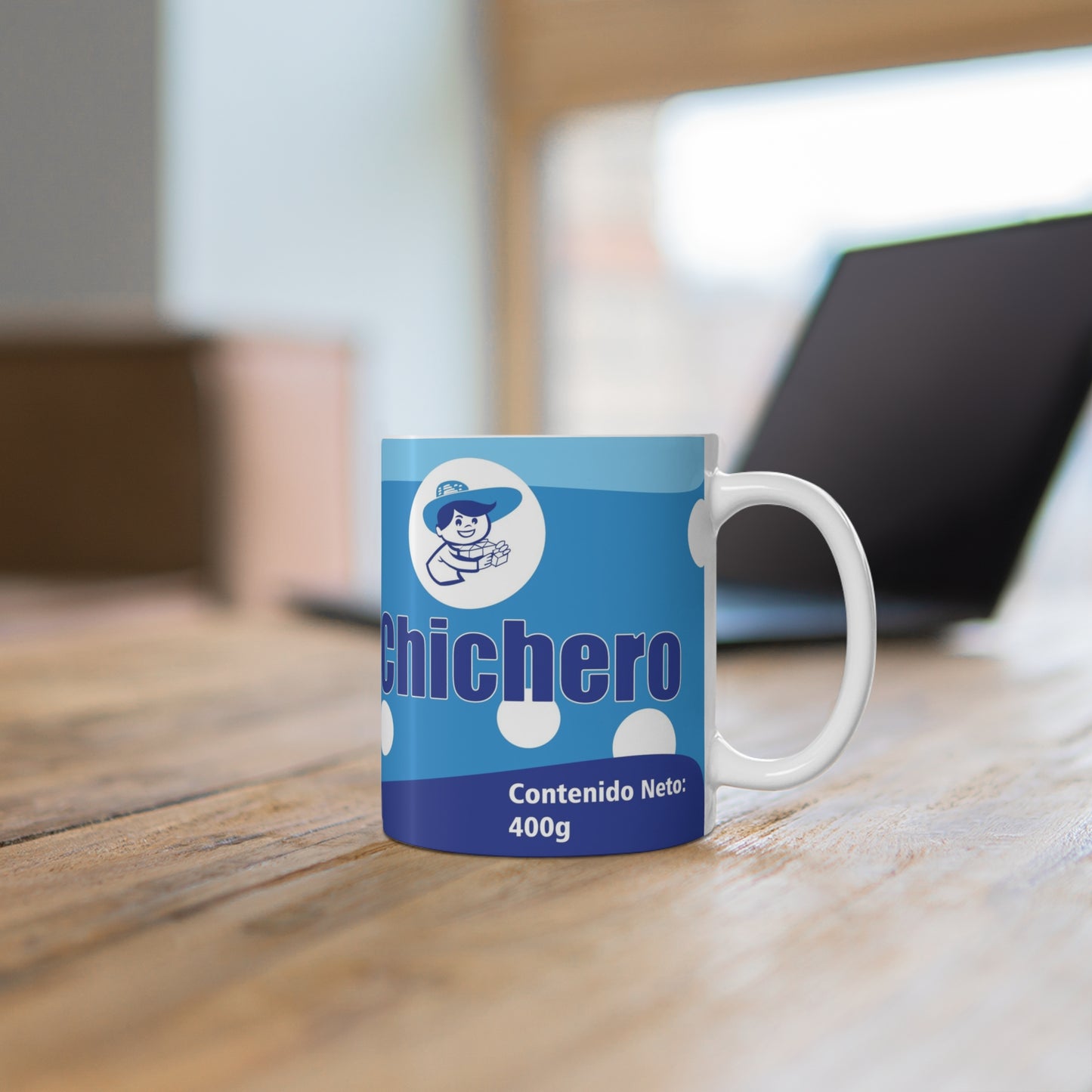 Charming El Chichero Mug - Perfect for Coffee Lovers, Gift for Chicha Fans, Unique Drinkware for Celebrations, Blue Polka Dot Design, Venezuela