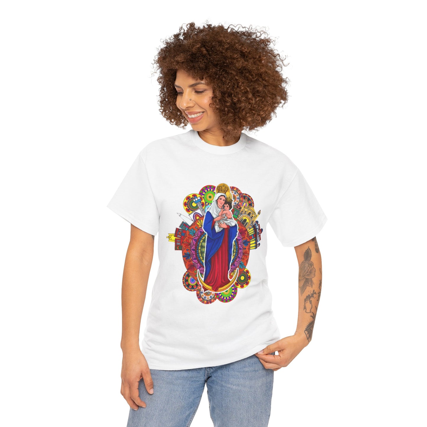 Vibrant Artistic Tee, Colorful Religious T-Shirt, Unisex Cotton Shirt, Casual Wear, Gift for Art and Faith Lovers, Virgen La Chinita