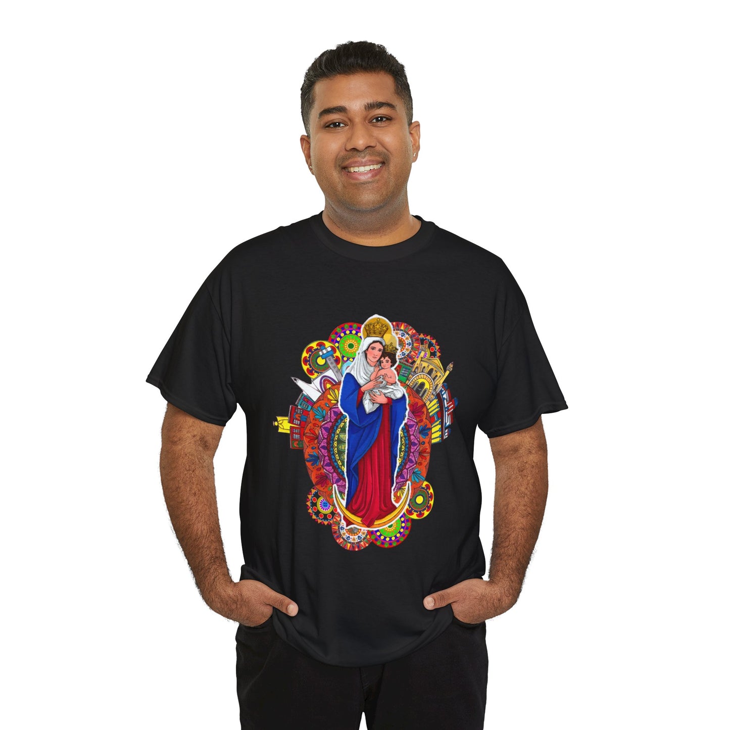 Vibrant Artistic Tee, Colorful Religious T-Shirt, Unisex Cotton Shirt, Casual Wear, Gift for Art and Faith Lovers, Virgen La Chinita