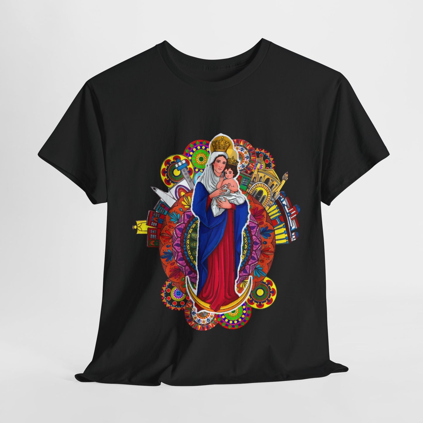 Vibrant Artistic Tee, Colorful Religious T-Shirt, Unisex Cotton Shirt, Casual Wear, Gift for Art and Faith Lovers, Virgen La Chinita