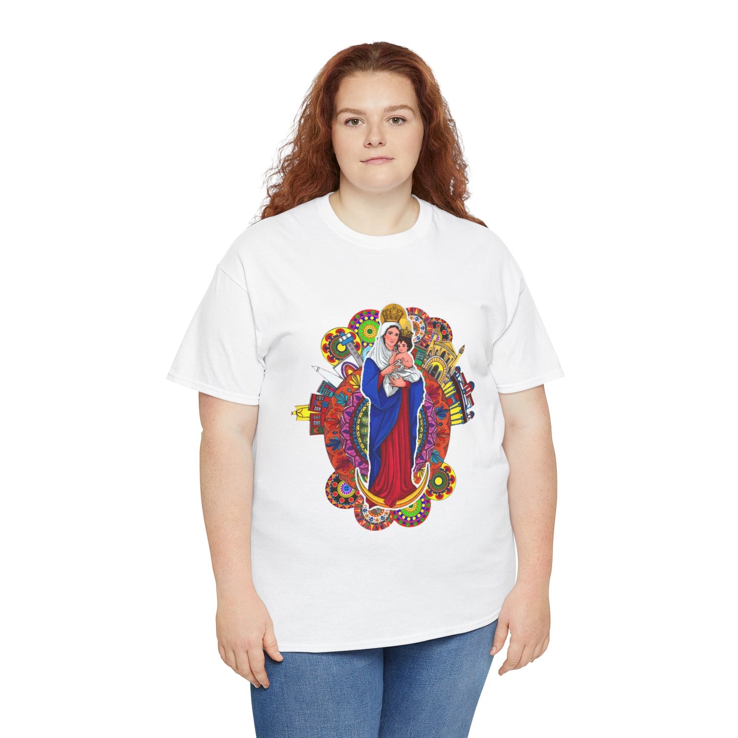 Vibrant Artistic Tee, Colorful Religious T-Shirt, Unisex Cotton Shirt, Casual Wear, Gift for Art and Faith Lovers, Virgen La Chinita