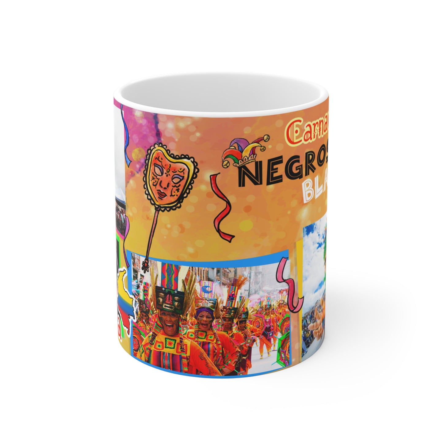 Mug Carnaval Blancos y Negros Colombia 11oz, Colombian Coffee Mug, Cultura Colombiana