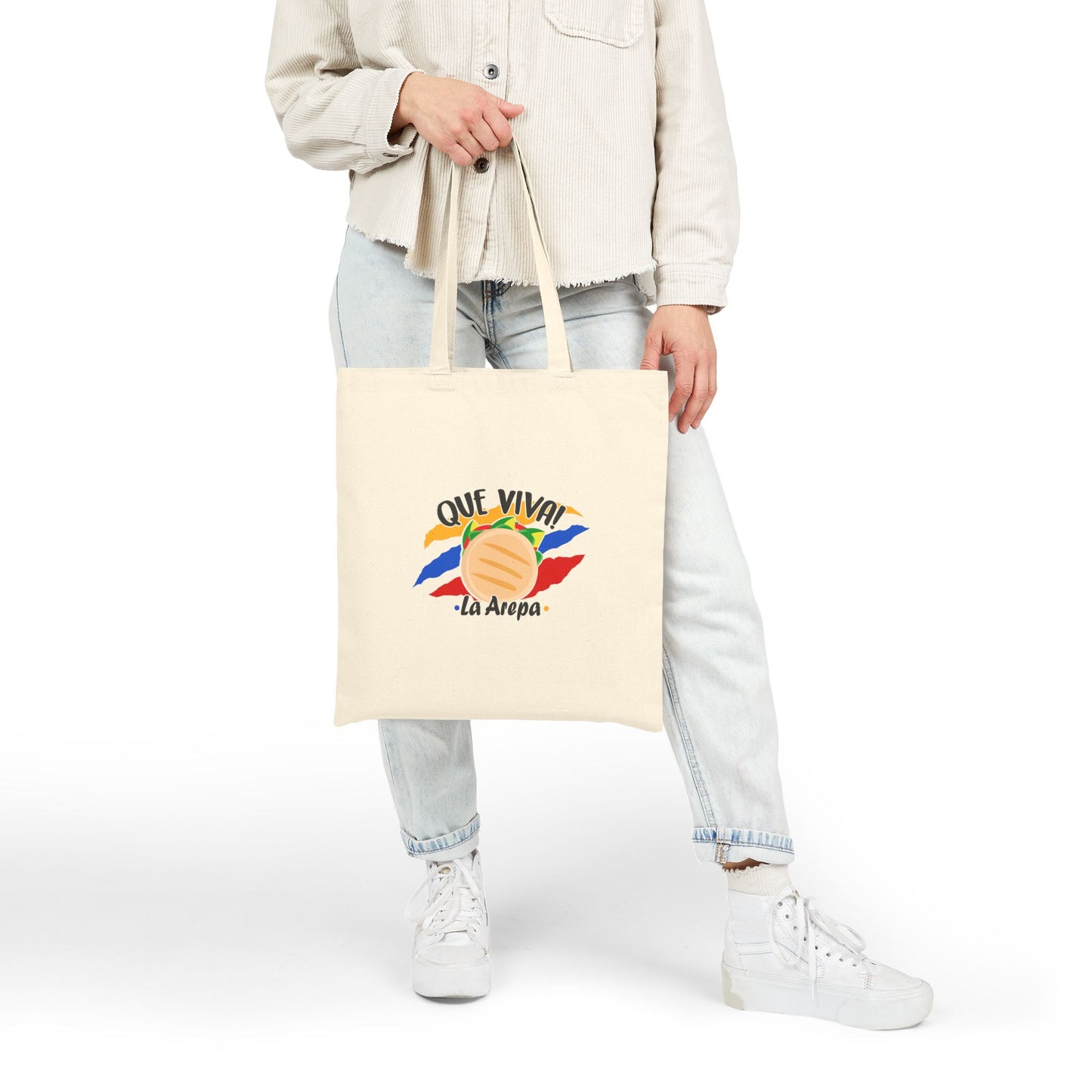 Vibrant Cotton Canvas Tote Bag - 'Que Viva La Arepa', Eco-Friendly Shopping Bag, Gift for Food Lovers, Festivals, Sustainable Style