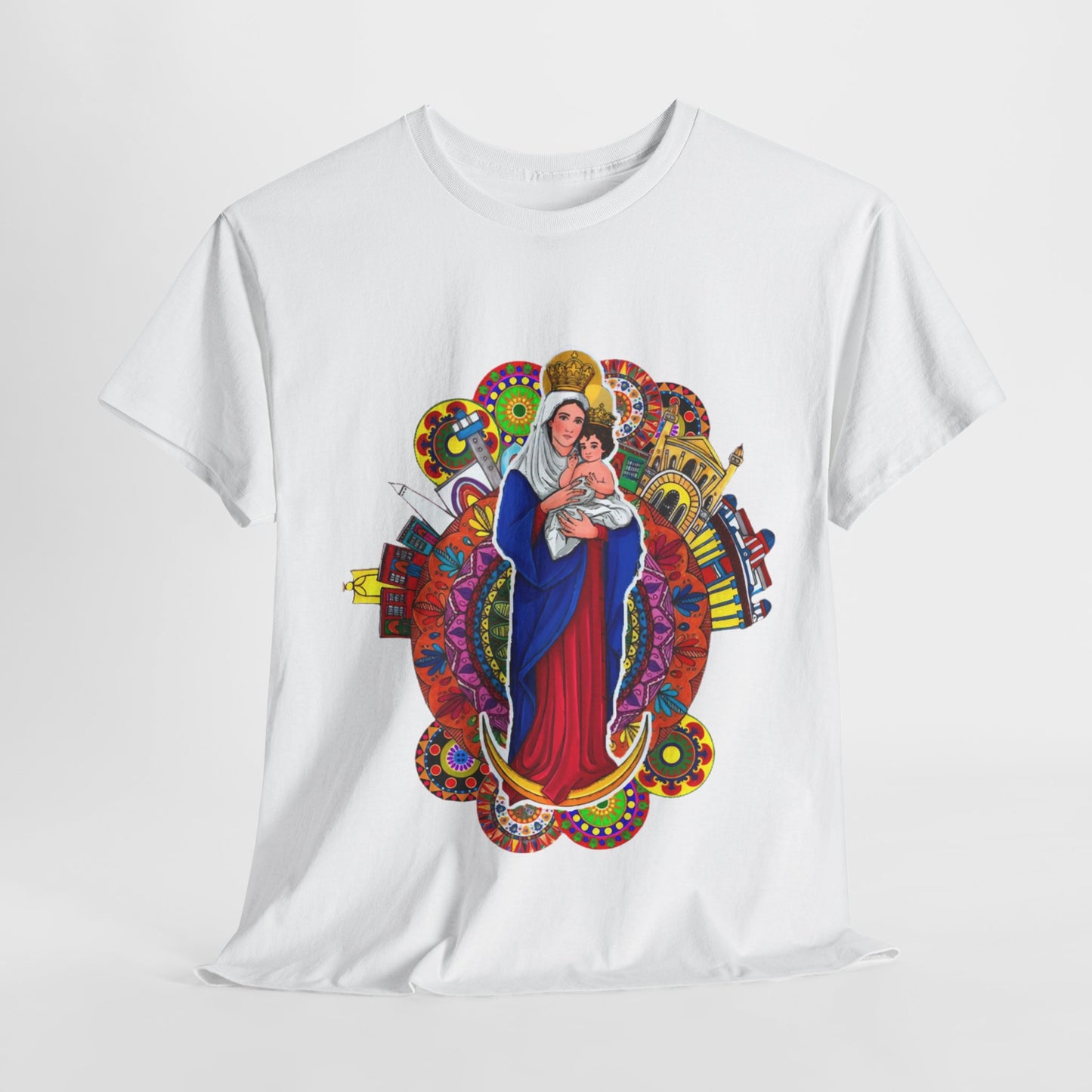 Vibrant Artistic Tee, Colorful Religious T-Shirt, Unisex Cotton Shirt, Casual Wear, Gift for Art and Faith Lovers, Virgen La Chinita