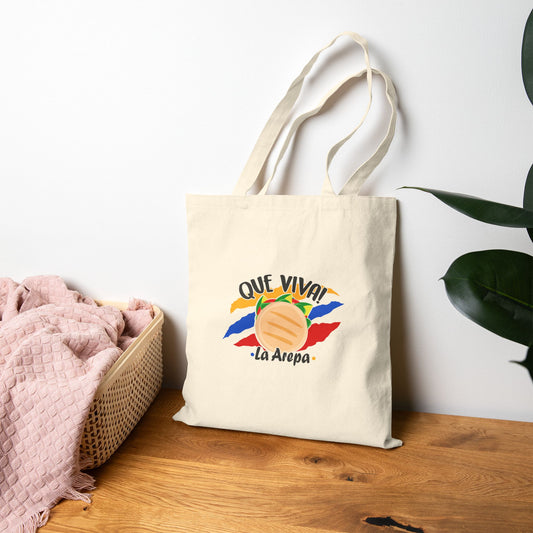 Vibrant Cotton Canvas Tote Bag - 'Que Viva La Arepa', Eco-Friendly Shopping Bag, Gift for Food Lovers, Festivals, Sustainable Style