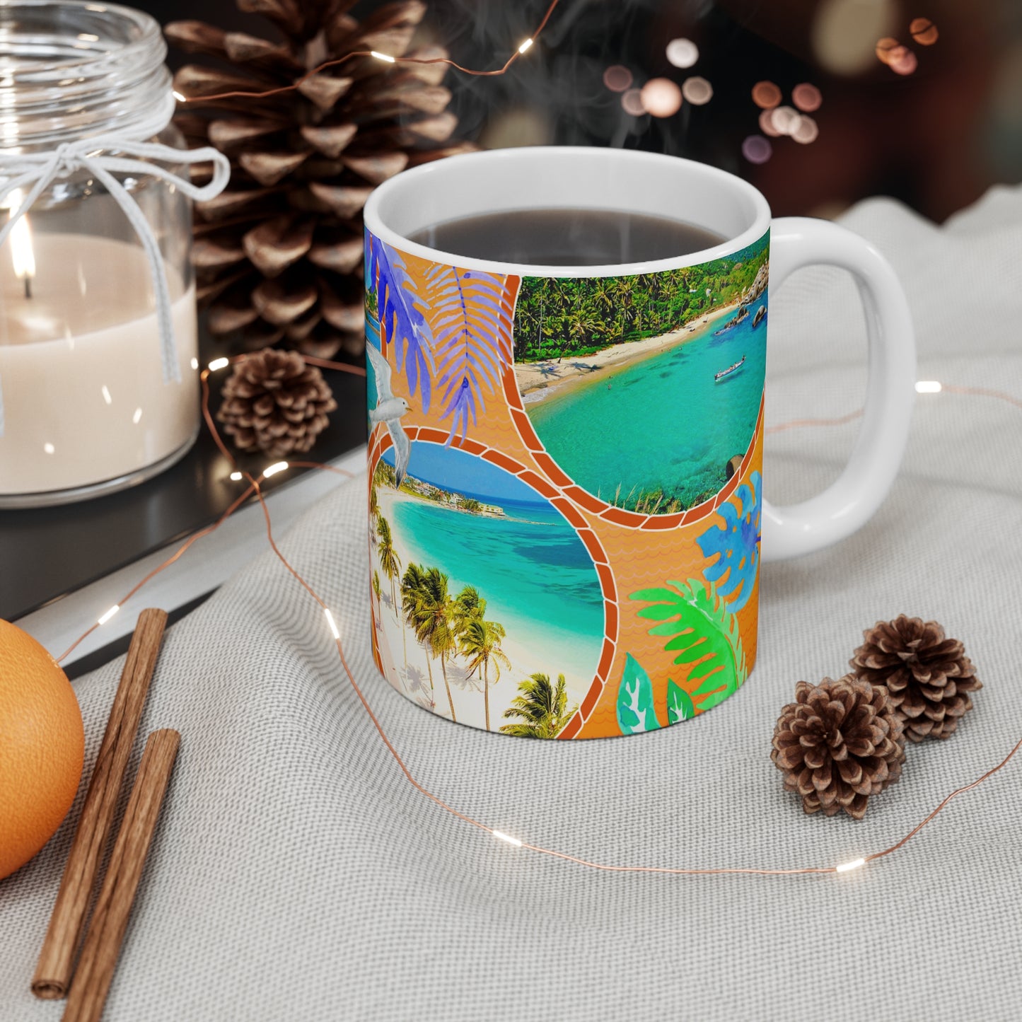 Vibrant Colombia Travel Mug - 11oz Coffee Cup, Vacation Gift, Beach Lover's Keepsake, Tropical Decor, Nature Lover's Trinket, Costa Colombiana