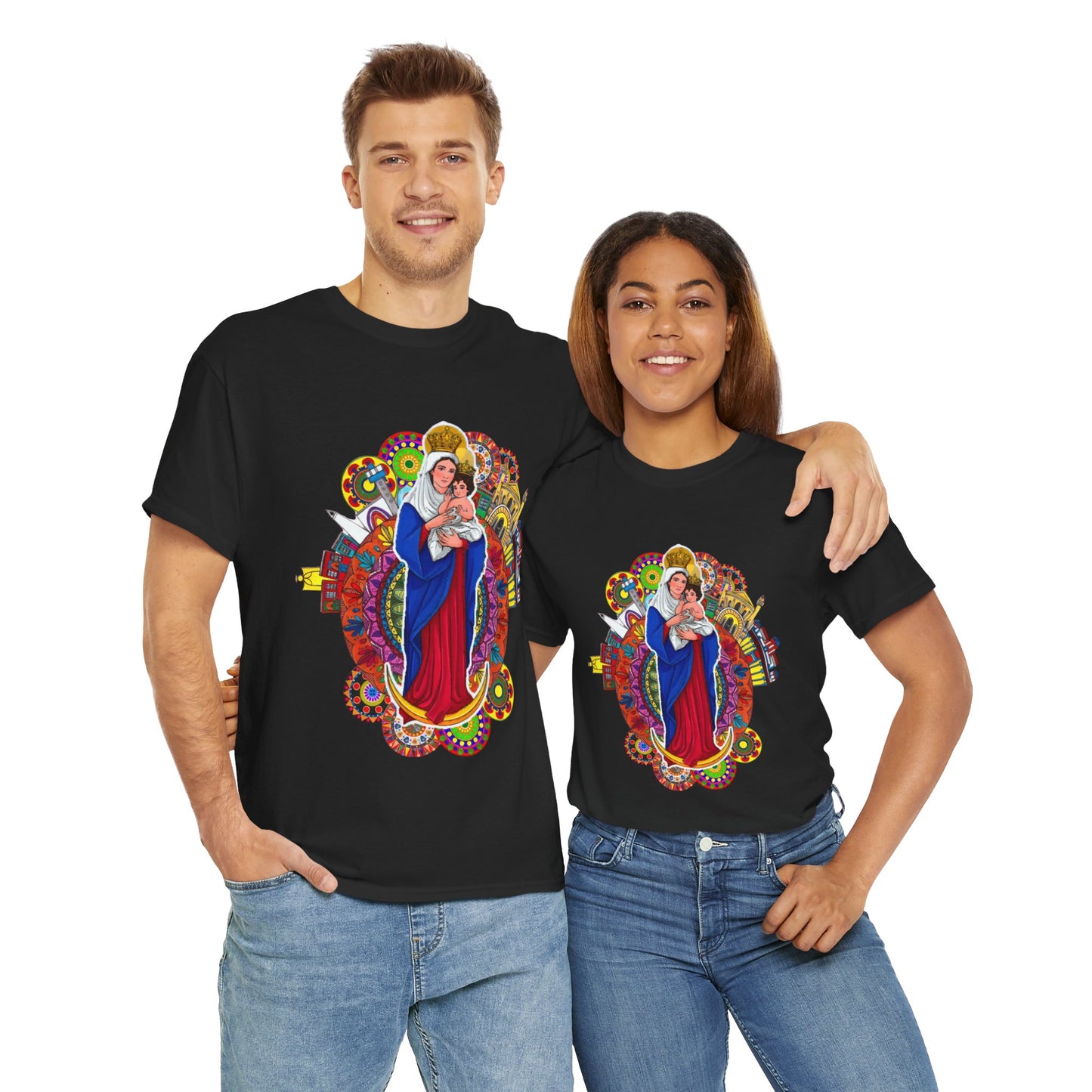 Vibrant Artistic Tee, Colorful Religious T-Shirt, Unisex Cotton Shirt, Casual Wear, Gift for Art and Faith Lovers, Virgen La Chinita