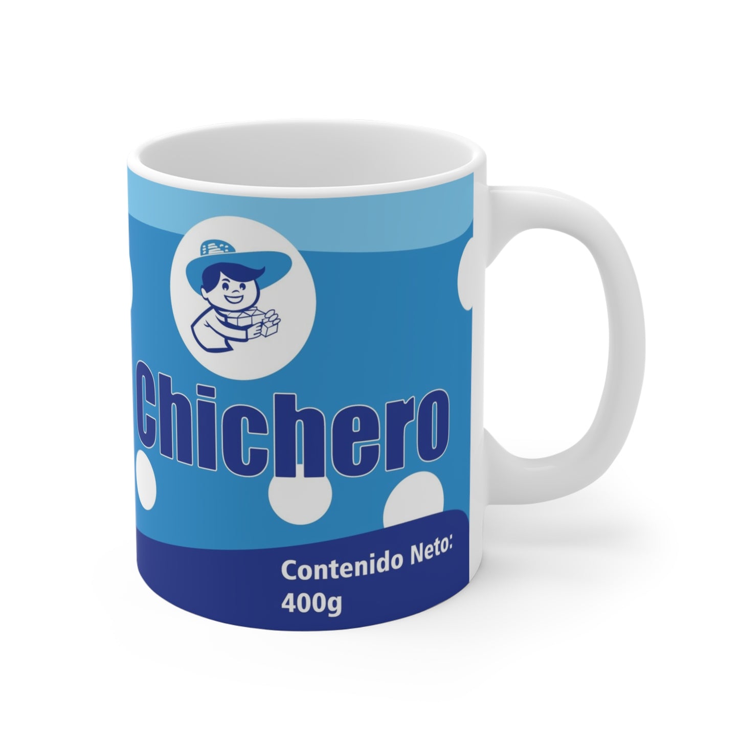 Charming El Chichero Mug - Perfect for Coffee Lovers, Gift for Chicha Fans, Unique Drinkware for Celebrations, Blue Polka Dot Design, Venezuela