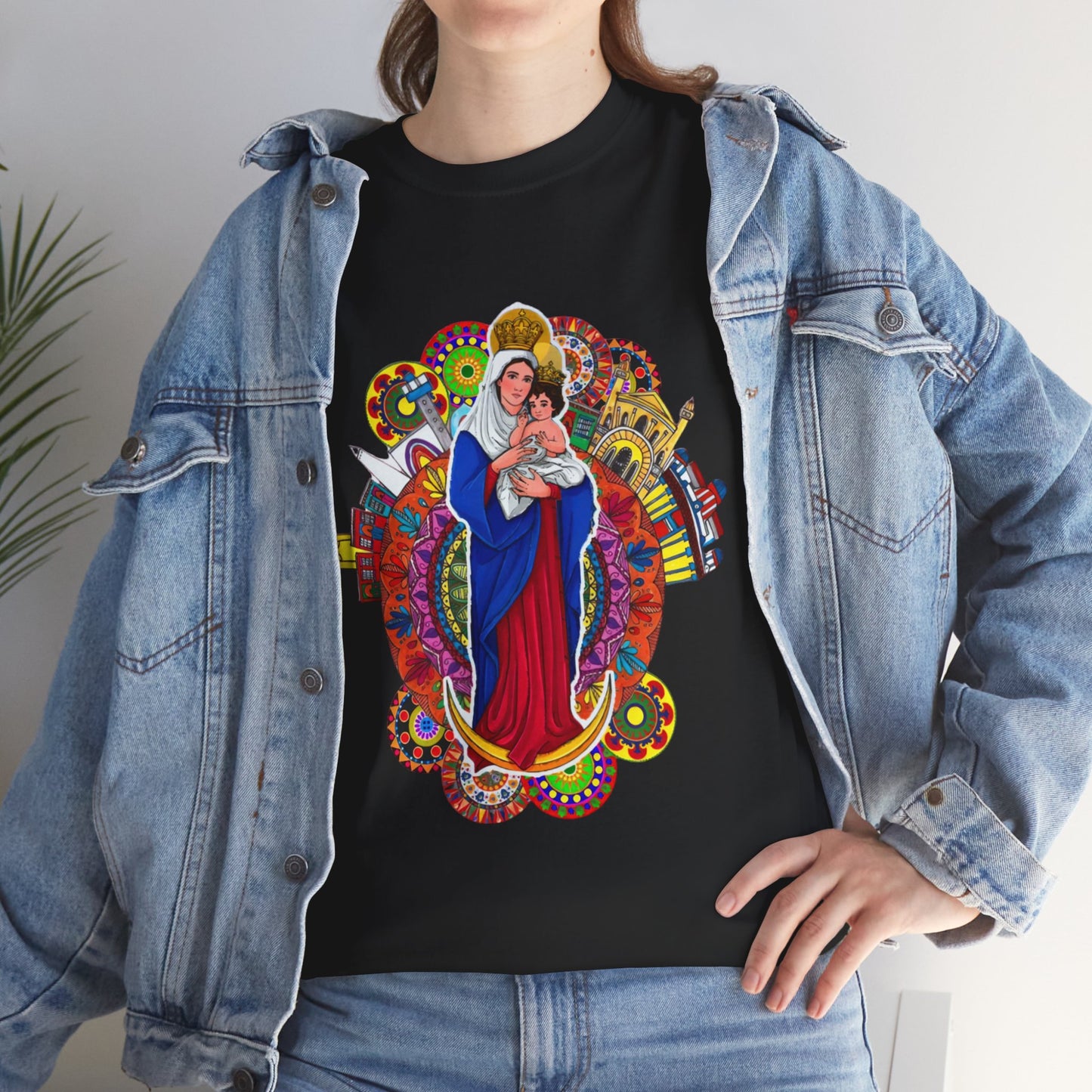 Vibrant Artistic Tee, Colorful Religious T-Shirt, Unisex Cotton Shirt, Casual Wear, Gift for Art and Faith Lovers, Virgen La Chinita