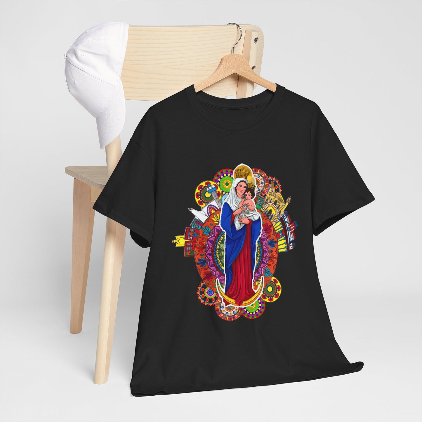 Vibrant Artistic Tee, Colorful Religious T-Shirt, Unisex Cotton Shirt, Casual Wear, Gift for Art and Faith Lovers, Virgen La Chinita