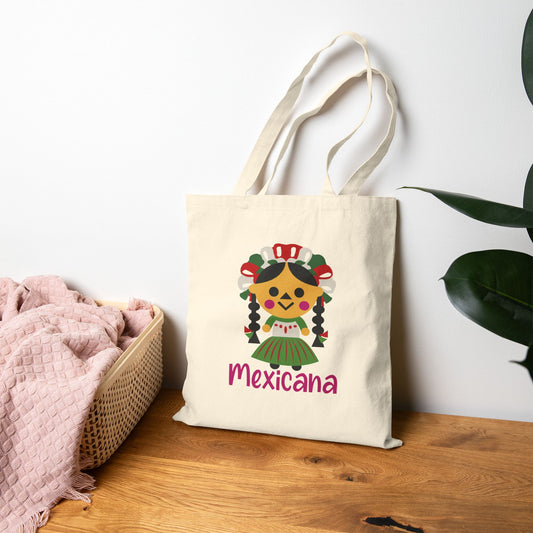 Mexicana Cotton Canvas Tote Bag, Cute Mexican Art, Eco-Friendly Grocery Bag, Festival Accessory, Travel Companion, Gifts for Her