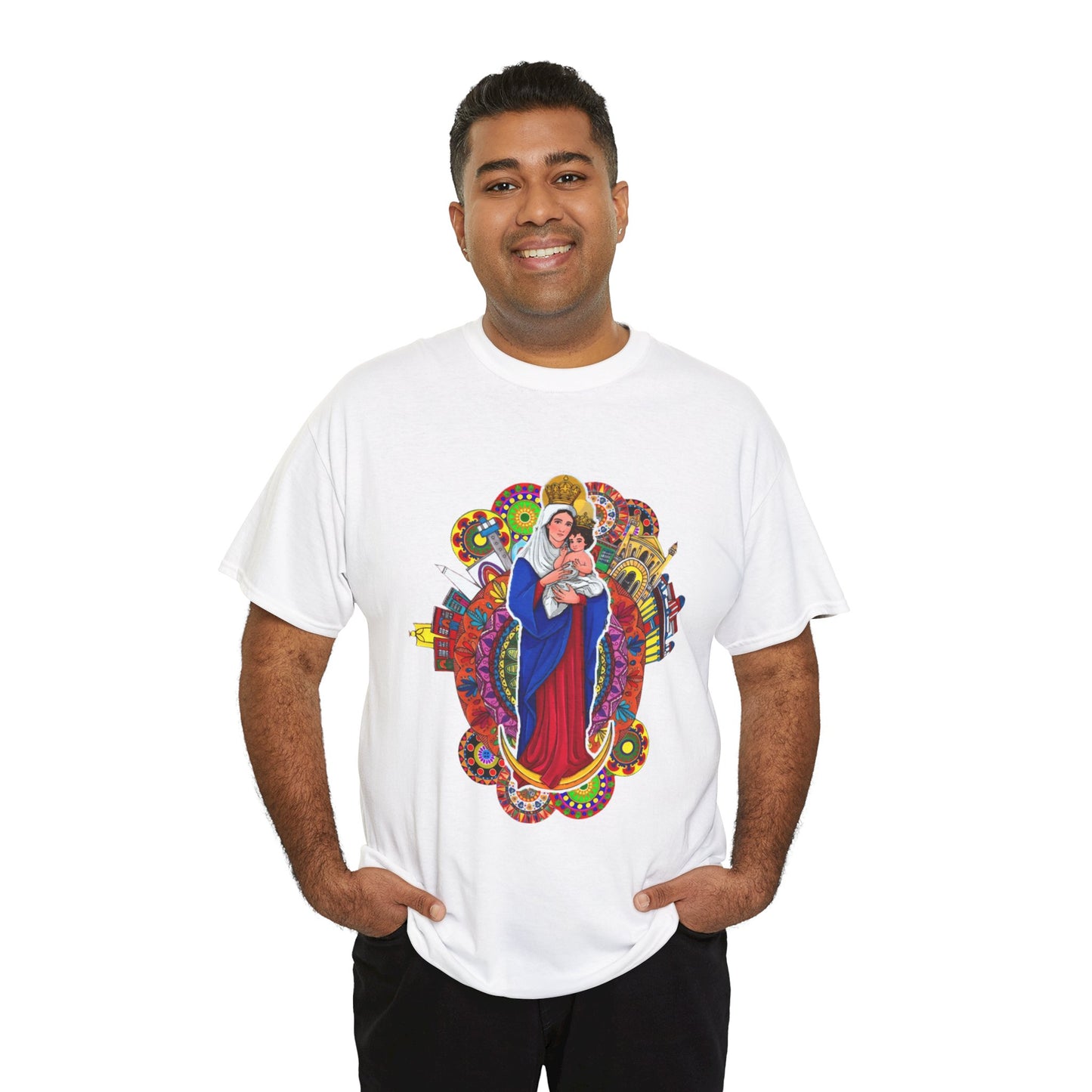 Vibrant Artistic Tee, Colorful Religious T-Shirt, Unisex Cotton Shirt, Casual Wear, Gift for Art and Faith Lovers, Virgen La Chinita