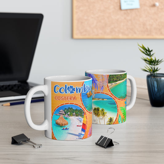 Vibrant Colombia Travel Mug - 11oz Coffee Cup, Vacation Gift, Beach Lover's Keepsake, Tropical Decor, Nature Lover's Trinket, Costa Colombiana