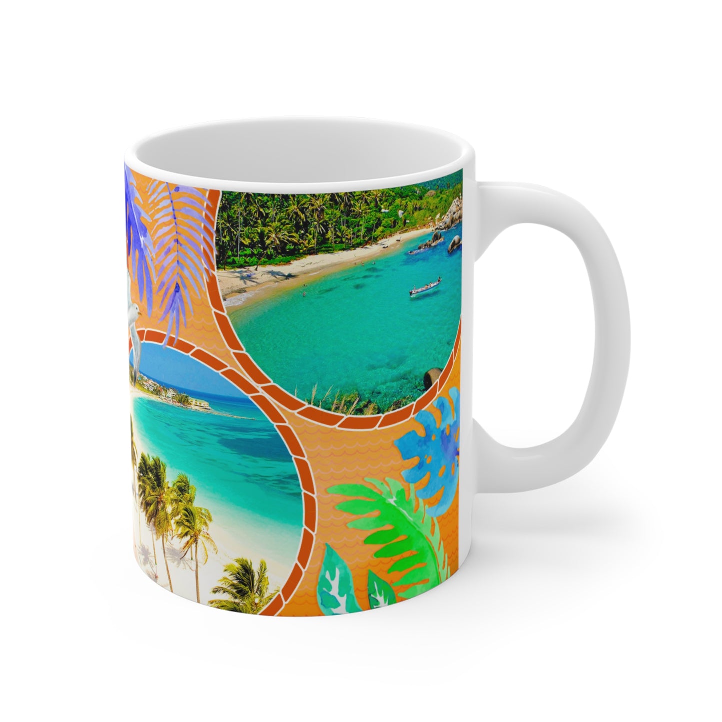 Vibrant Colombia Travel Mug - 11oz Coffee Cup, Vacation Gift, Beach Lover's Keepsake, Tropical Decor, Nature Lover's Trinket, Costa Colombiana