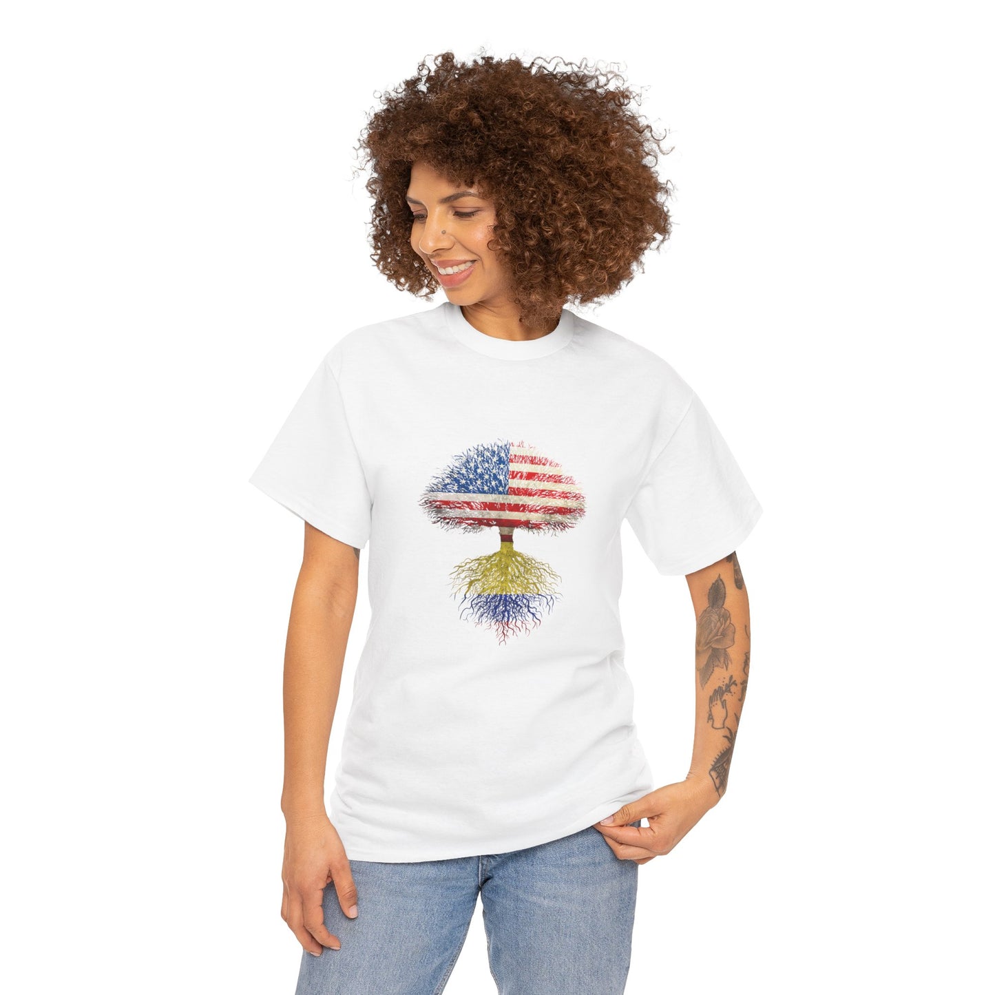 Patriotic Tree Tee - Unisex Heavy Cotton T-Shirt with American Flag Design, Outdoor Adventure Shirt, Gift for Nature Lovers, Colombian