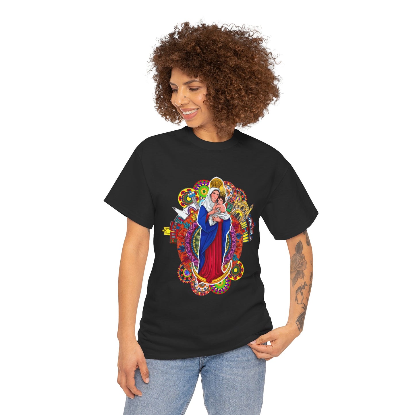 Vibrant Artistic Tee, Colorful Religious T-Shirt, Unisex Cotton Shirt, Casual Wear, Gift for Art and Faith Lovers, Virgen La Chinita