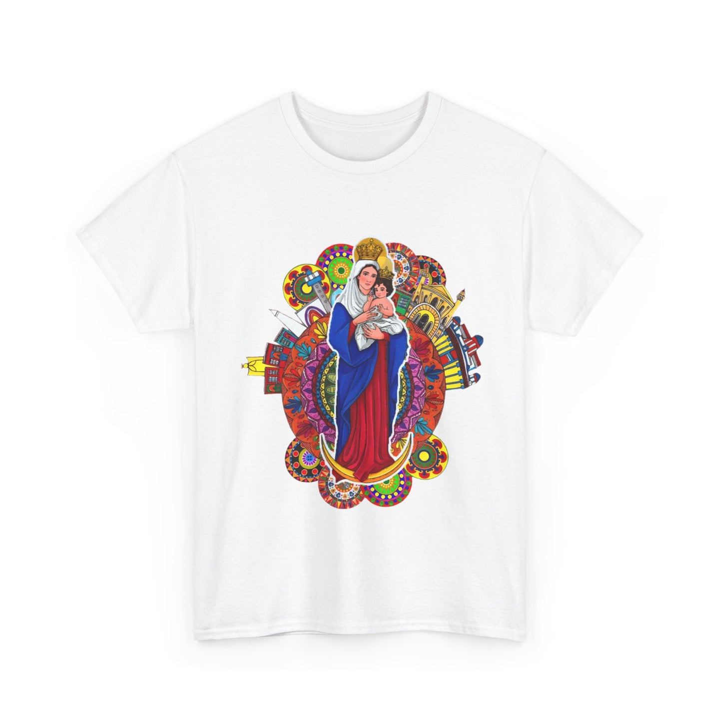 Vibrant Artistic Tee, Colorful Religious T-Shirt, Unisex Cotton Shirt, Casual Wear, Gift for Art and Faith Lovers, Virgen La Chinita