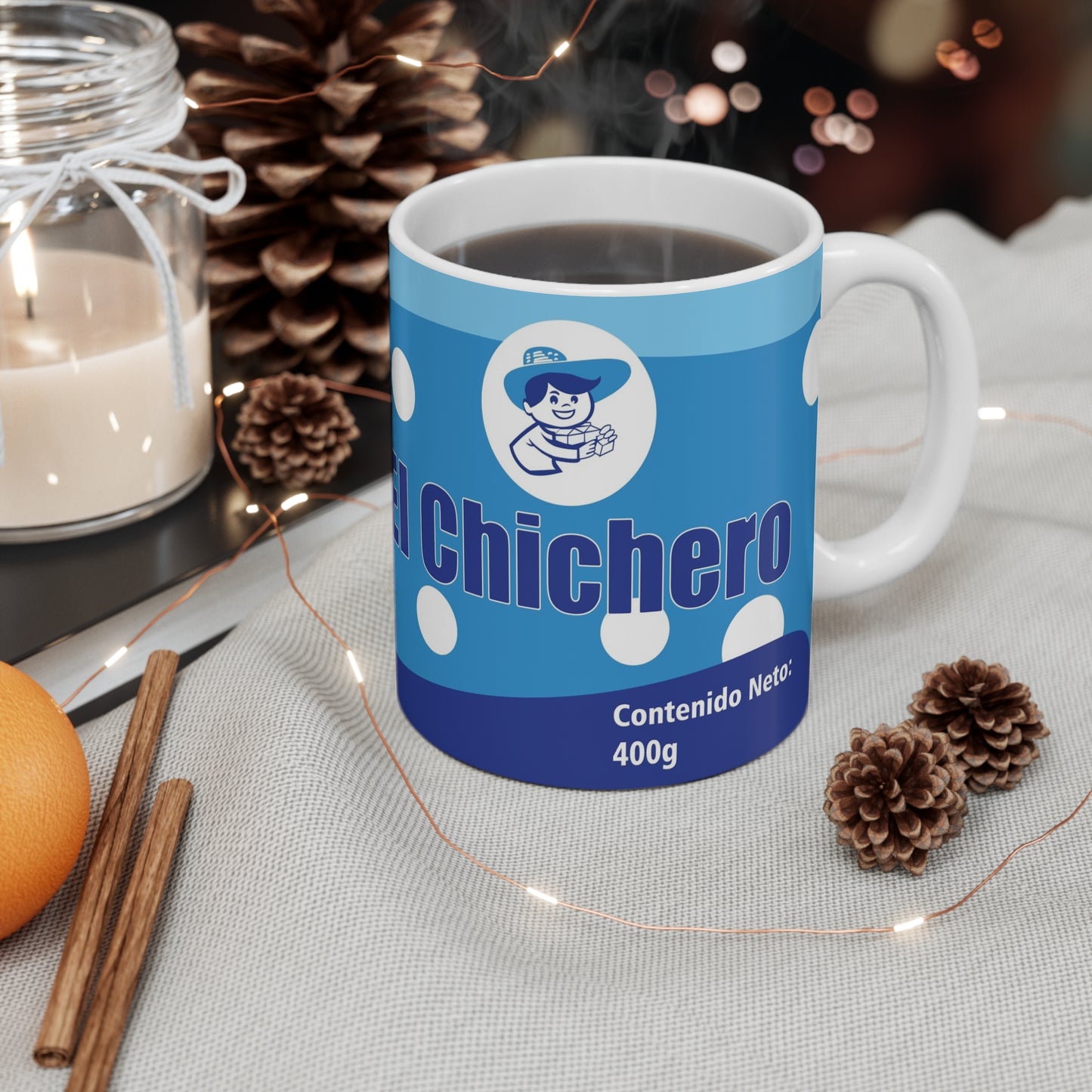 Charming El Chichero Mug - Perfect for Coffee Lovers, Gift for Chicha Fans, Unique Drinkware for Celebrations, Blue Polka Dot Design, Venezuela
