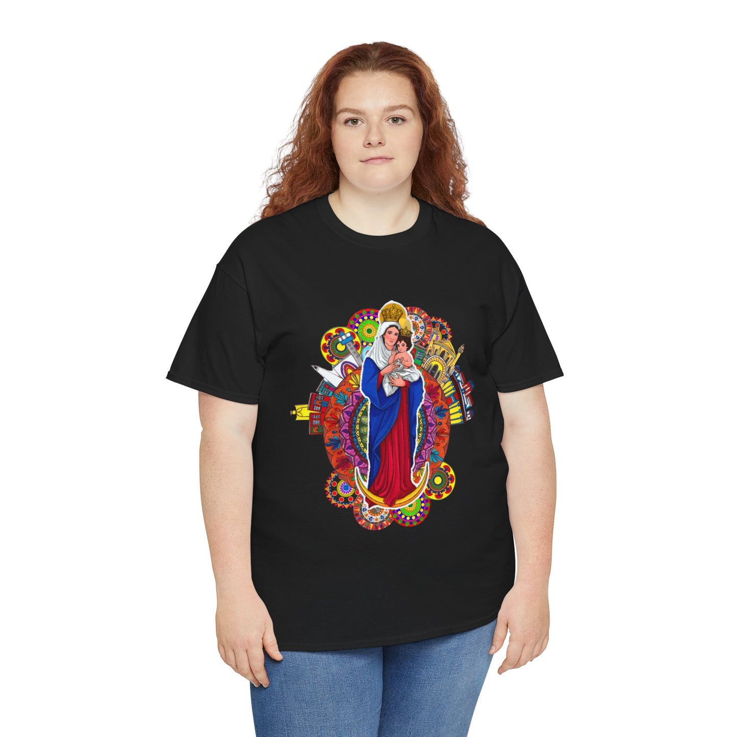 Vibrant Artistic Tee, Colorful Religious T-Shirt, Unisex Cotton Shirt, Casual Wear, Gift for Art and Faith Lovers, Virgen La Chinita