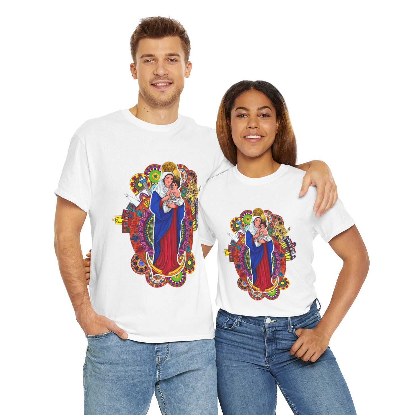 Vibrant Artistic Tee, Colorful Religious T-Shirt, Unisex Cotton Shirt, Casual Wear, Gift for Art and Faith Lovers, Virgen La Chinita