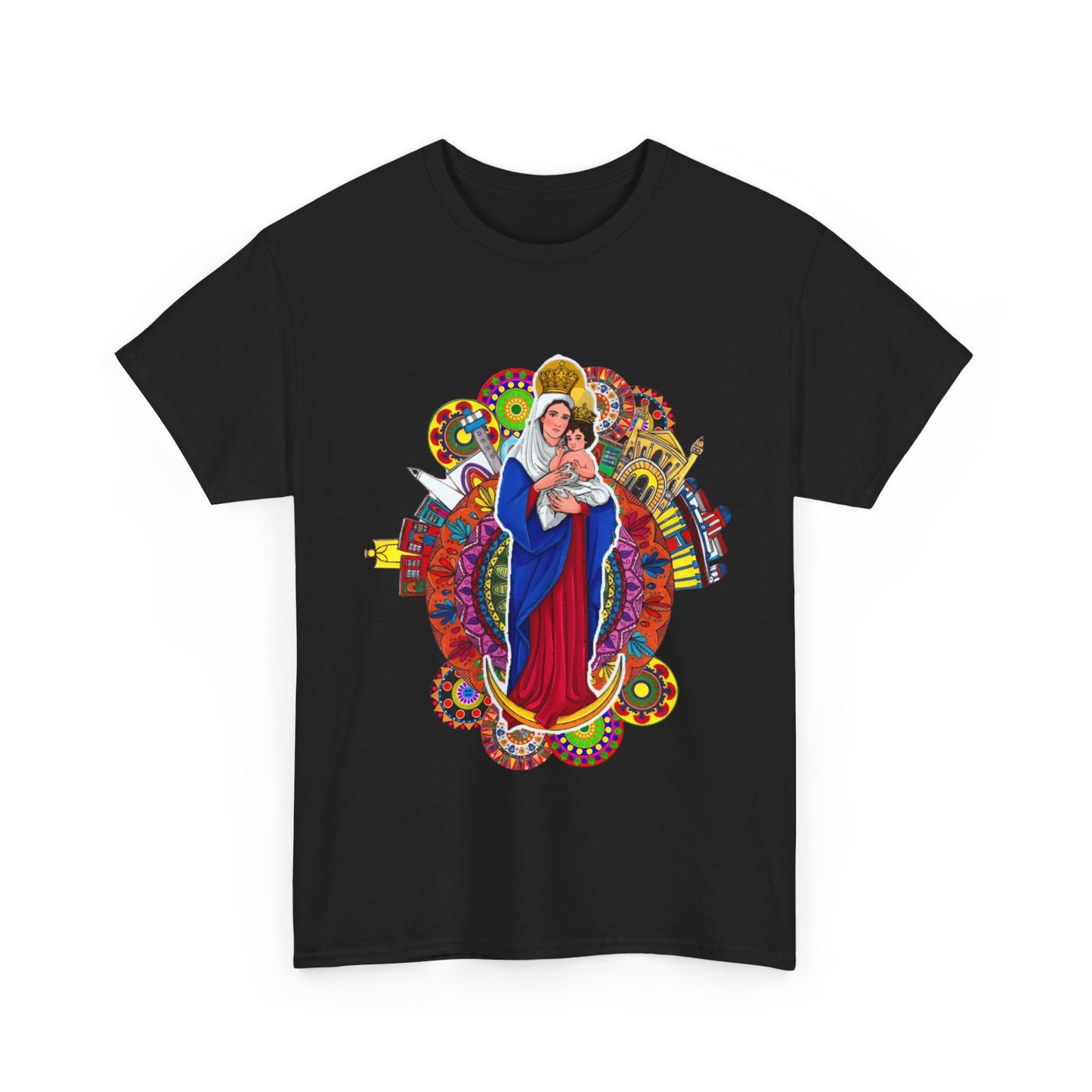 Vibrant Artistic Tee, Colorful Religious T-Shirt, Unisex Cotton Shirt, Casual Wear, Gift for Art and Faith Lovers, Virgen La Chinita