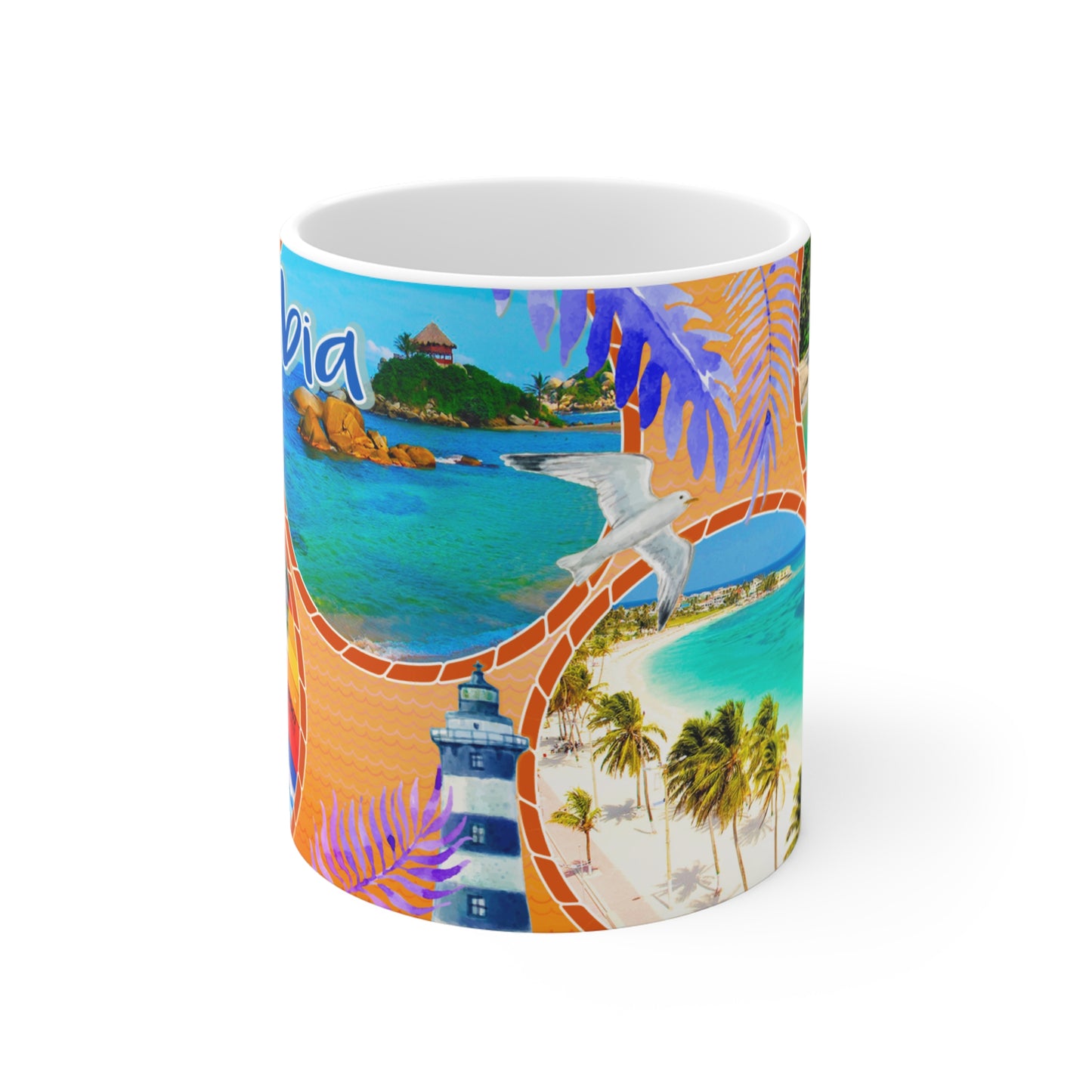 Vibrant Colombia Travel Mug - 11oz Coffee Cup, Vacation Gift, Beach Lover's Keepsake, Tropical Decor, Nature Lover's Trinket, Costa Colombiana