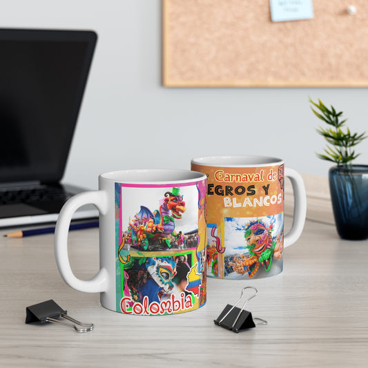 Mug Carnaval Blancos y Negros Colombia 11oz, Colombian Coffee Mug, Cultura Colombiana