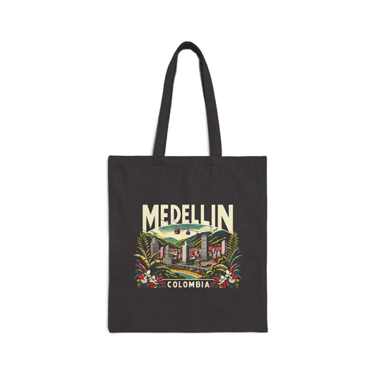 Vintage Medellin Cotton Canvas Tote Bag, Eco-Friendly Grocery Bag, Travel Tote, Floral Market Bag, Stylish Gift for Travelers, Colombia