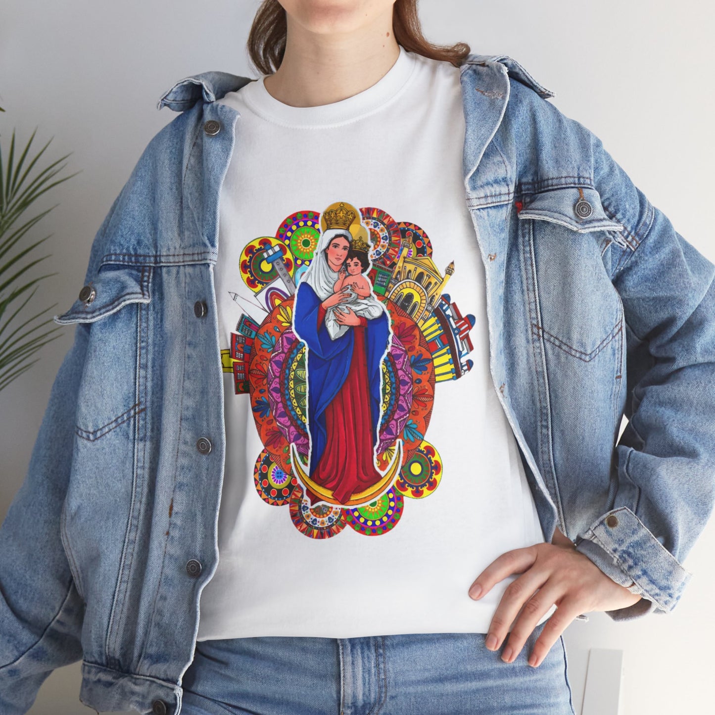 Vibrant Artistic Tee, Colorful Religious T-Shirt, Unisex Cotton Shirt, Casual Wear, Gift for Art and Faith Lovers, Virgen La Chinita