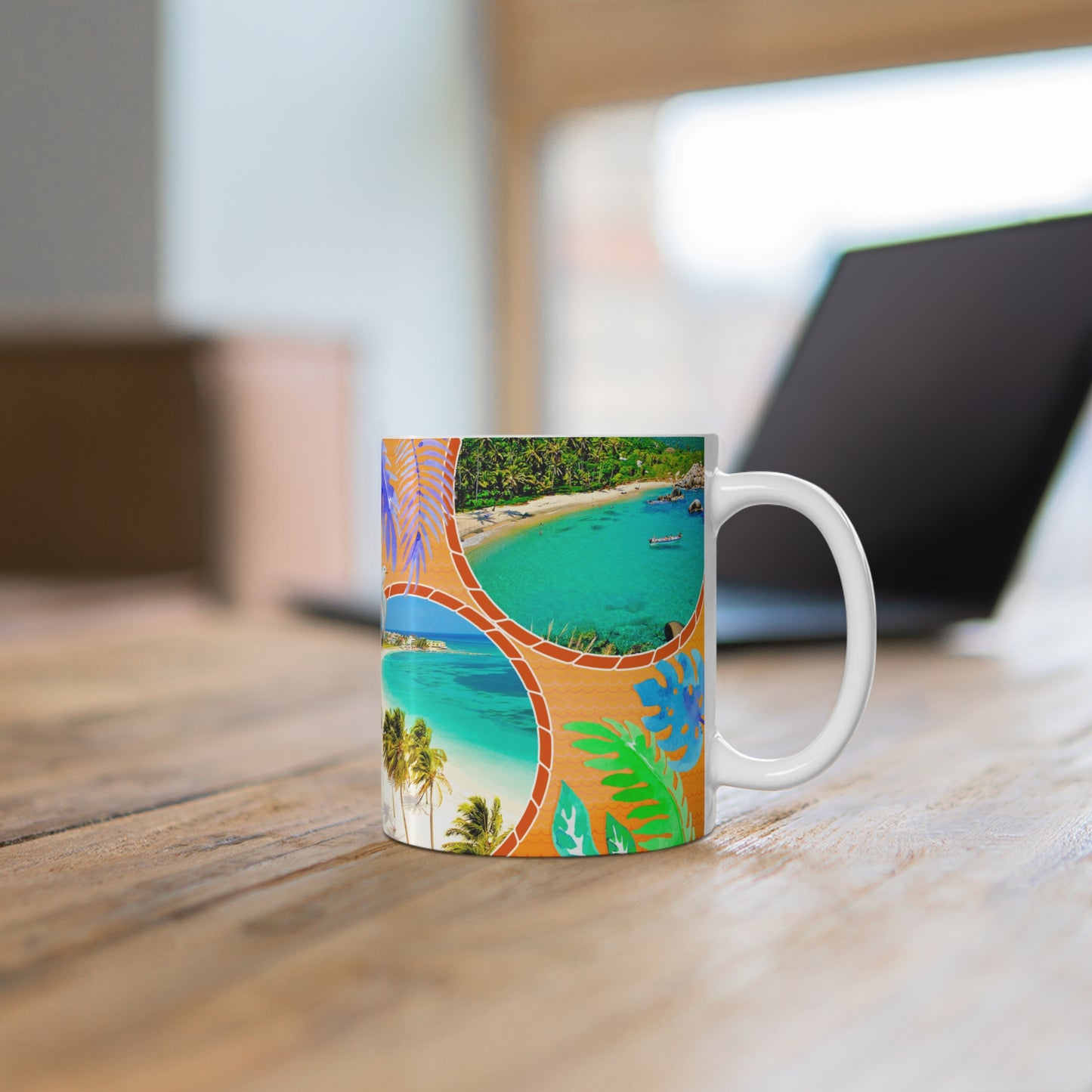 Vibrant Colombia Travel Mug - 11oz Coffee Cup, Vacation Gift, Beach Lover's Keepsake, Tropical Decor, Nature Lover's Trinket, Costa Colombiana