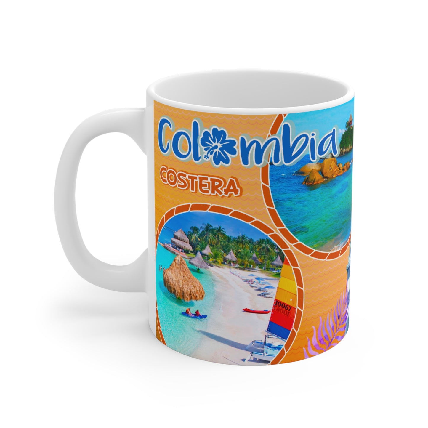 Vibrant Colombia Travel Mug - 11oz Coffee Cup, Vacation Gift, Beach Lover's Keepsake, Tropical Decor, Nature Lover's Trinket, Costa Colombiana