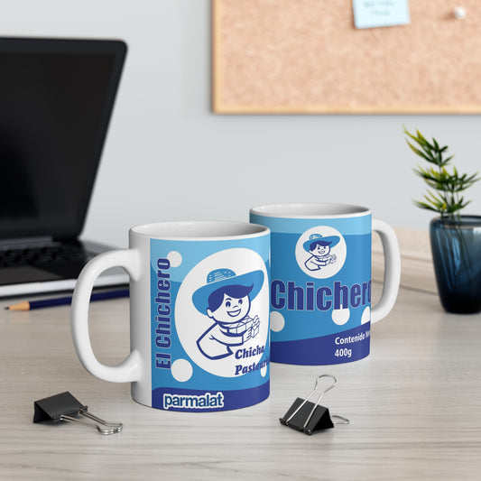 Charming El Chichero Mug - Perfect for Coffee Lovers, Gift for Chicha Fans, Unique Drinkware for Celebrations, Blue Polka Dot Design, Venezuela