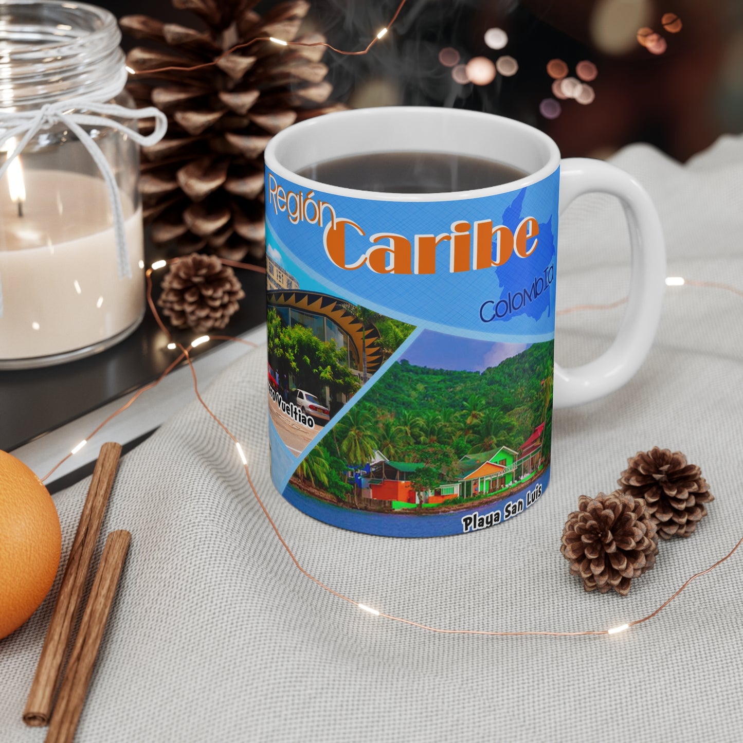 Colorful Travel Mug, 11oz Traveler's Delight Coffee Cup, Souvenir Mug, Adventure Gifts, Highlights of Your Journey, Región Caribe, Colombian Coffee
