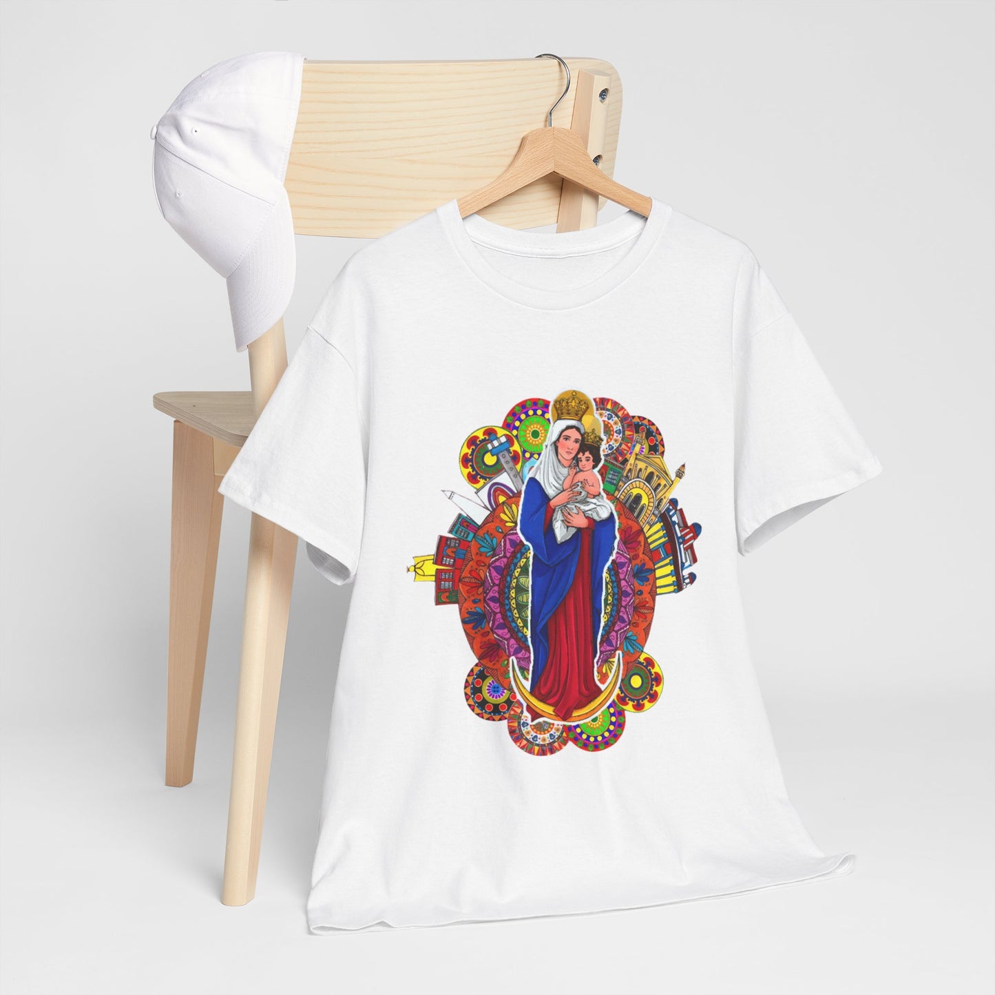 Vibrant Artistic Tee, Colorful Religious T-Shirt, Unisex Cotton Shirt, Casual Wear, Gift for Art and Faith Lovers, Virgen La Chinita